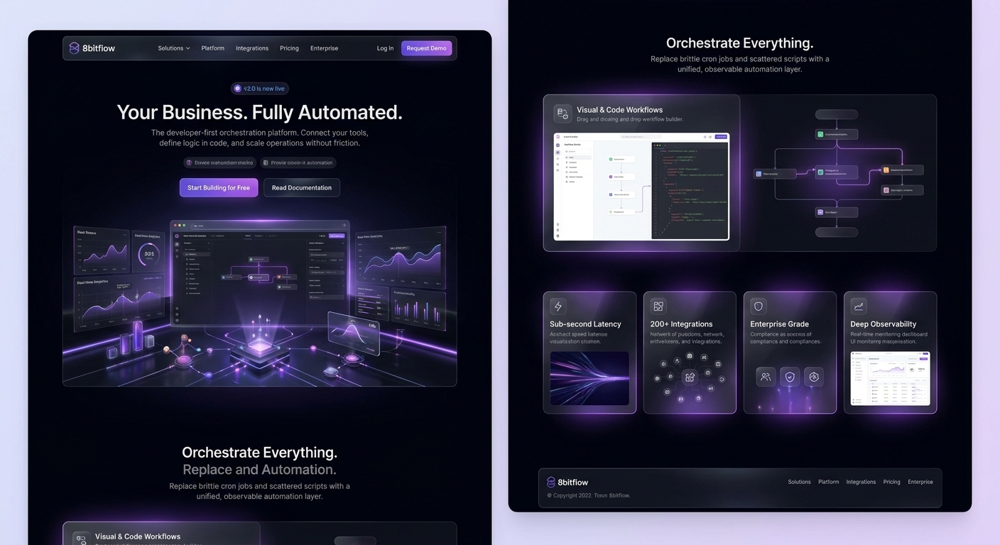 Abstract dark geometric shapes with subtle violet neon highlights representing system architecture
